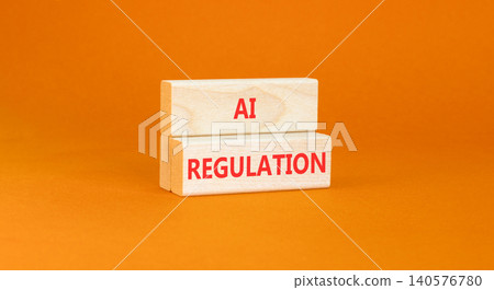 AI regulation symbol. Concept words AI artificial intelligence regulation on beautiful wooden blocks. Beautiful orange background. Business AI artificial intelligence regulation concept. Copy space. 140576780