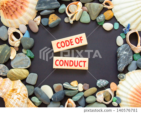 Code of conduct words symbol. Concept words Code of conduct on beautiful wooden blocks. Beautiful black background. Sea shells sea stones. Business Code of conduct concept. Copy space. Code of conduct words symbol. Concept words Code of conduct on beautiful wooden blocks. Beautiful black background. Sea shells sea stones. Business Code of conduct concept. Copy space. 140576781