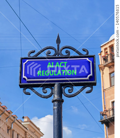 AI act regulation words symbol. Concept words AI artificial intelligence act regulation on beautiful blue road sign. Beautiful blue sky background. Business AI act regulation concept. Copy space. AI act regulation words symbol. Concept words AI artificial intelligence act regulation on beautiful blue road sign. Beautiful blue sky background. Business AI act regulation concept. Copy space. 140576815