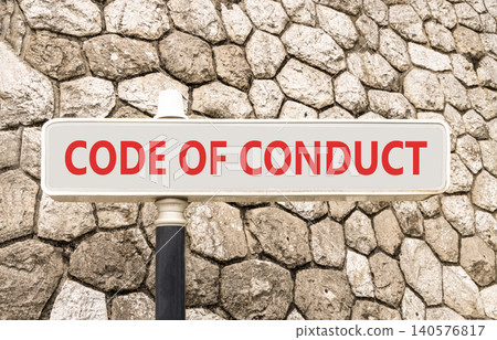 Code of conduct words symbol. Concept words Code of conduct on beautiful grey road sign. Beautiful stone wall background. Business Code of conduct concept. Copy space. 140576817