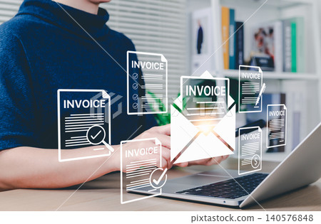 Digital e-invoice and billing management concept. Businesswoman working on laptop with invoice documents, representing electronic invoicing and digital billing systems. receipt, invoice for payment, 140576848