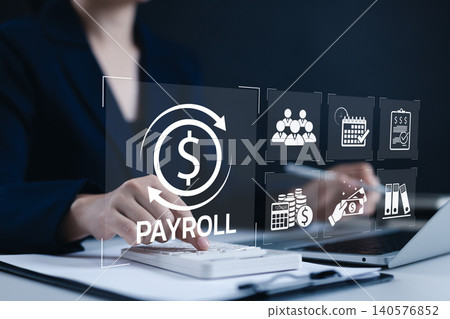 Payroll Management and Salary Processing System. Businesswoman calculates payroll, with icons representing employee salaries management, payment scheduling, efficient payroll, financial documentation, 140576852