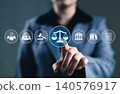 Legal Services and Business Law Concept. Legal professional touches virtual icons symbolizing law, justice, and legal services. business legislation, Notary public, legal advice online, lawyer ethics, 140576917
