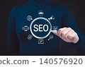 SEO Search Engine Optimization Concept. Businesswoman hold magnifying glass focusing on SEO, digital marketing icons, representing search engine optimization strategies. Target Market, Social Media, 140576920