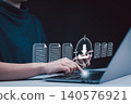 File download and data transfer technology concept. Woman using laptop and smartphone with digital file icons and download symbol, representing modern data transfer and file management. security tech, 140576921