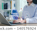Content Marketing Strategy Concept. Woman using laptop with digital icons content marketing, social media engagement, analytics, and audience targeting tools. Multichannel market, Creative idea, 140576924