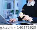 Customer review satisfaction feedback survey concept. User give five-star rating on feedback interface, excellent customer satisfaction. emoticons different levels of feedback, customer experience, 140576925