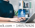 Digital government and E-governance concept. Person using laptop with icons e-governance, cybersecurity, AI, law, legal balance, government institutions, security infrastructure, online administration 140576926