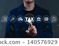 Tax Planning and Financial Compliance Concept. Businessperson points to tax icon on with finance, calendar, and audit symbols representing tax processes. state taxes, documents, reports, taxation, 140576929