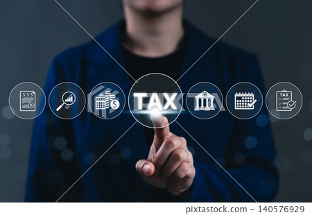Tax Planning and Financial Compliance Concept. Businessperson points to tax icon on with finance, calendar, and audit symbols representing tax processes. state taxes, documents, reports, taxation, Tax Planning and Financial Compliance Concept. Businessperson points to tax icon on with finance, calendar, and audit symbols representing tax processes. state taxes, documents, reports, taxation, 140576929