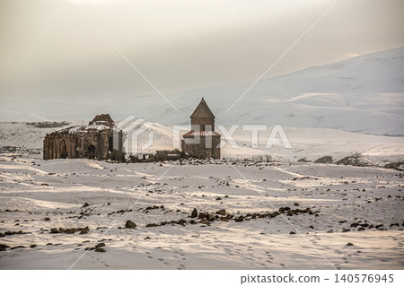The ancient Church of Saint Gregory of Abughamrents under winter snow in Ani ruins, Kars, Turkey The ancient Church of Saint Gregory of Abughamrents under winter snow in Ani ruins, Kars, Turkey 140576945