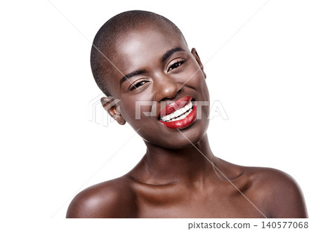 Portrait, beauty and black woman with cosmetics makeup and wellness isolated on white studio background. African person, face or model with skincare and dermatology with aesthetic or shine with glow 140577068