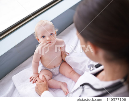 Baby, portrait and pediatrician consultation for healthcare checkup on hospital bed for diagnosis, insurance or childcare. Kid, face and medical worker for sick treatment, examination or stethoscope 140577106