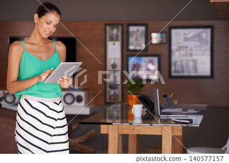 Search, digital and business woman in office with social media, scroll or online client communication. Tablet, reading or lady marketer with internet, app or website research for startup advertising 140577157
