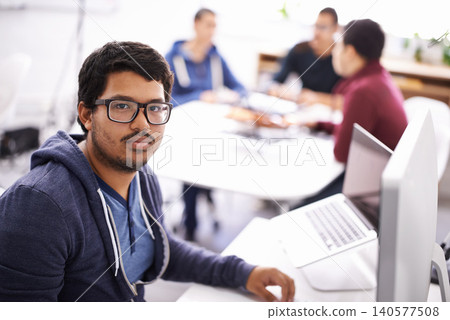 Office, laptop and portrait of employee man at desk for digital agency, planning and internet research. Workplace, technology and face of male worker for online project, strategy and information Office, laptop and portrait of employee man at desk for digital agency, planning and internet research. Workplace, technology and face of male worker for online project, strategy and information 140577508
