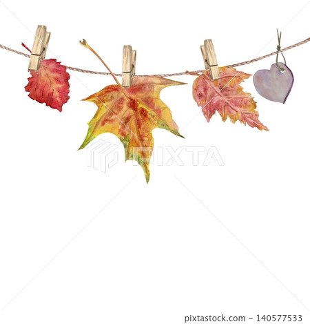 A hand-painted watercolor composition of autumn red, yellow, and orange leaves and a heart, suspended from clothespins on a string, against an isolated background. Simple clip art with space for text. 140577533