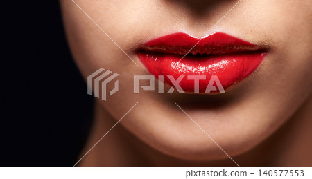 Cosmetics, red lipstick and closeup of woman lips with trendy, beauty and face treatment. Mouth, makeup and zoom of female person with gloss for shine, glow or facial for cosmetology routine. Cosmetics, red lipstick and closeup of woman lips with trendy, beauty and face treatment. Mouth, makeup and zoom of female person with gloss for shine, glow or facial for cosmetology routine. 140577553