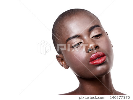 Face, beauty and red lipstick makeup with black woman in studio isolated on white background for wellness. Skincare, cosmetics and natural with confident young model thinking of aesthetic dermatology Face, beauty and red lipstick makeup with black woman in studio isolated on white background for wellness. Skincare, cosmetics and natural with confident young model thinking of aesthetic dermatology 140577570