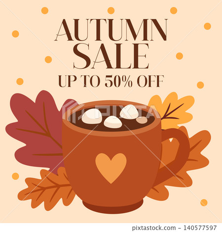 Autumn Sale With Coffee Cup Featuring Marshmallows and Colorful Leaves on a Soft Background Autumn Sale With Coffee Cup Featuring Marshmallows and Colorful Leaves on a Soft Background 140577597