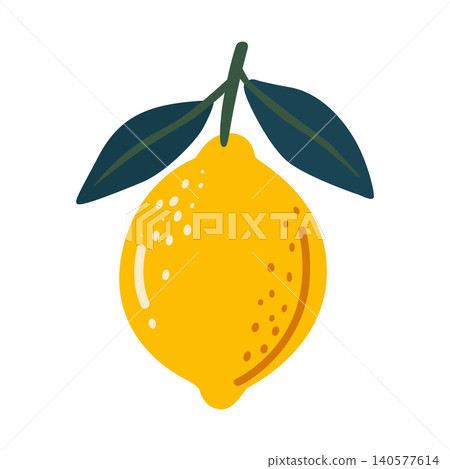 Lemon Hanging From Green Branch in a Simple Design on a White Background Lemon Hanging From Green Branch in a Simple Design on a White Background 140577614