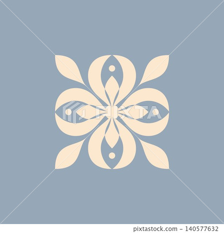 Minimalist botanical emblem in soft beige on a muted blue background Minimalist botanical emblem in soft beige on a muted blue background 140577632