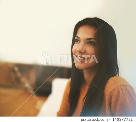 Woman, relax and thinking on couch in living room for wellness, comfort and smile in home. Happiness, lens flare and face of female person on sofa for calm, weekend off and peaceful day in apartment Woman, relax and thinking on couch in living room for wellness, comfort and smile in home. Happiness, lens flare and face of female person on sofa for calm, weekend off and peaceful day in apartment 140577751