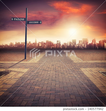 Crossroads, business and decision at road sign for future direction to city for career opportunity, choice or location. Street, options and journey dilemma for employee question, intersection or path Crossroads, business and decision at road sign for future direction to city for career opportunity, choice or location. Street, options and journey dilemma for employee question, intersection or path 140577942