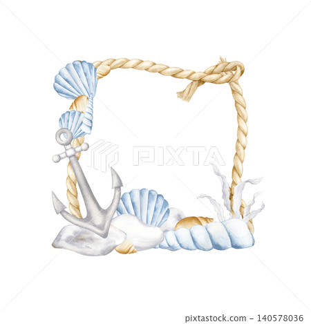 Watercolor nautical frame with rope, anchor and sea shells. Hand drawn marine border template with copy space for summer wedding invitations, greeting cards and nautical design projects. 140578036