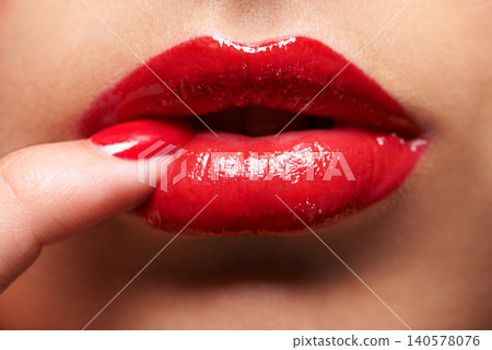 Makeup, red lipstick and closeup of woman lips with trendy, beauty and manicure treatment. Mouth, cosmetics and zoom of female person with gloss for shine and nail polish for cosmetology routine. Makeup, red lipstick and closeup of woman lips with trendy, beauty and manicure treatment. Mouth, cosmetics and zoom of female person with gloss for shine and nail polish for cosmetology routine. 140578076