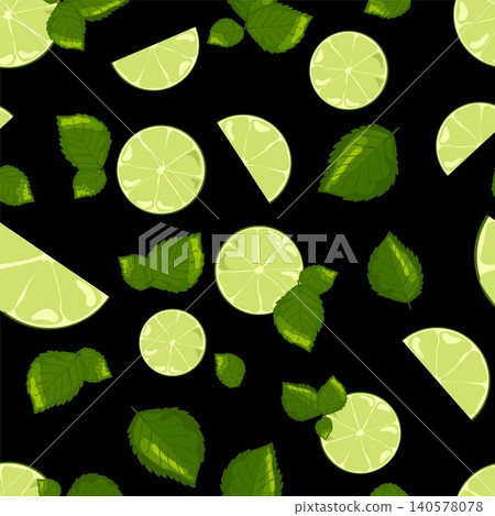 Minimalist Lime and Mint Seamless Pattern Vector Fresh Green Citrus Fruits and Peppermint Leaves on Black Background for Cocktail Wrapping Textile Asset Minimalist Lime and Mint Seamless Pattern Vector Fresh Green Citrus Fruits and Peppermint Leaves on Black Background for Cocktail Wrapping Textile Asset 140578078