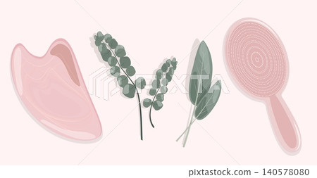 Minimalist Spa Set Vector Top View of Rose Quartz Guasha Stone Wooden Massage Brush Sage Herb and Eucalyptus Branches for Pink Wellness Skincare Asset Minimalist Spa Set Vector Top View of Rose Quartz Guasha Stone Wooden Massage Brush Sage Herb and Eucalyptus Branches for Pink Wellness Skincare Asset 140578080