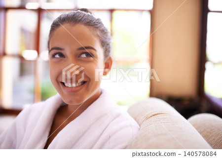 Spa, thinking and woman with smile, wellness and vacation with getaway trip and luxury hotel. Person, hospitality industry and girl with peace and bathrobe with relax and skincare with holiday Spa, thinking and woman with smile, wellness and vacation with getaway trip and luxury hotel. Person, hospitality industry and girl with peace and bathrobe with relax and skincare with holiday 140578084