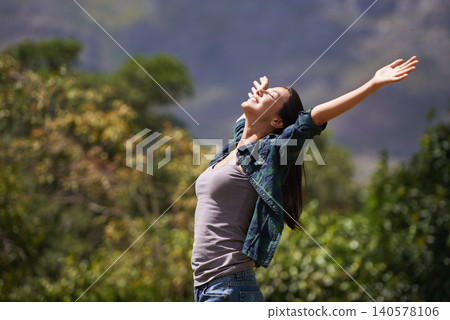 Freedom, joy and relax for woman in outdoor, garden or forest for bliss, satisfaction and fulfillment. Young person, smile with arm in air for optimism, happiness and excited in environment on mockup Freedom, joy and relax for woman in outdoor, garden or forest for bliss, satisfaction and fulfillment. Young person, smile with arm in air for optimism, happiness and excited in environment on mockup 140578106
