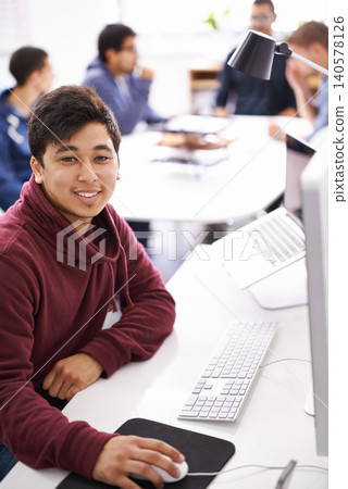 Computer, programmer and portrait of man with smile, software and update of information technology. Coder, employee and male person typing on keyboard for test of creativity in application of office Computer, programmer and portrait of man with smile, software and update of information technology. Coder, employee and male person typing on keyboard for test of creativity in application of office 140578126