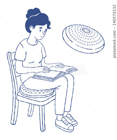 Sensory Wiggle Cushion for Chair. Girl Sitting on Wobble Balance Disc and Reading Book. Line Art Hand Drawn. Tactile Massaging Seat Pad for Kids, Adults Attention Focus, Autism. Vector Illustration. 140578132