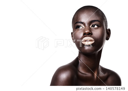 Mockup for black woman, thinking or makeup with lipstick, cosmetics or beauty space in studio. Gold color, bald head or African girl model with glow, eyeshadow or skincare results on white background 140578149