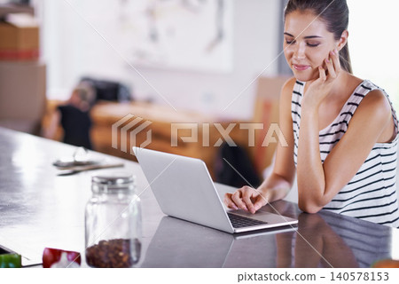 Reading, blog and woman in home with laptop for research and remote work as a writer. Online, article and person scroll on computer and learning from internet about information or news for writing 140578153