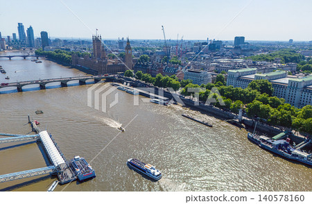 Drone point of view on downtown of London : The London Eye, Westminster Abbey in the background and the River Thames on a sunny summer day Drone point of view on downtown of London : The London Eye, Westminster Abbey in the background and the River Thames on a sunny summer day 140578160