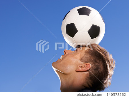 Football, bounce and head with man, sports and training with competition and exercise. Person, blue sky and player with practice for a game or athlete with skills and technique with fitness or soccer Football, bounce and head with man, sports and training with competition and exercise. Person, blue sky and player with practice for a game or athlete with skills and technique with fitness or soccer 140578262