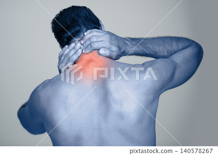 Back pain, injury and body strain from fitness or exercise, stretch and gray background. Tension, hands or joint or muscle on spine for male model, studio and medical from accident with rear view Back pain, injury and body strain from fitness or exercise, stretch and gray background. Tension, hands or joint or muscle on spine for male model, studio and medical from accident with rear view 140578267