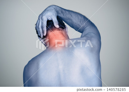 Neck pain, injury and man with tension, inflammation and discomfort from stress, strain and pressure in back view. Male person, body and red glow for wound, bruise and trauma in studio background Neck pain, injury and man with tension, inflammation and discomfort from stress, strain and pressure in back view. Male person, body and red glow for wound, bruise and trauma in studio background 140578285