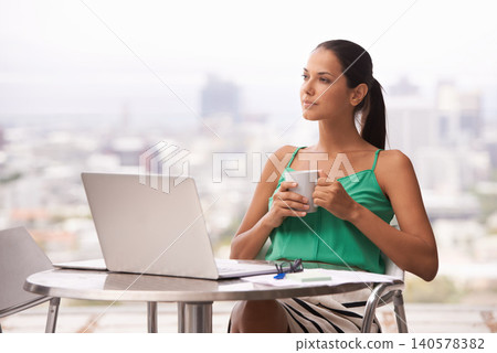 Woman, outdoor and thinking with coffee and laptop for remote work in trade, business or planning strategy. Entrepreneur, investor and drink espresso on balcony in city with ideas for stocks in notes Woman, outdoor and thinking with coffee and laptop for remote work in trade, business or planning strategy. Entrepreneur, investor and drink espresso on balcony in city with ideas for stocks in notes 140578382
