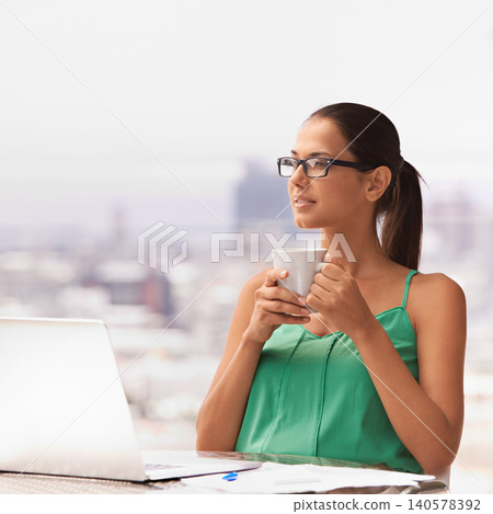 Woman, outdoor and thinking with coffee and laptop for remote work in trading business and planning strategy. Entrepreneur, ideas or investor drink espresso on balcony in city with stocks on computer Woman, outdoor and thinking with coffee and laptop for remote work in trading business and planning strategy. Entrepreneur, ideas or investor drink espresso on balcony in city with stocks on computer 140578392