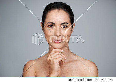 Model, studio and portrait with thinking, skin and care for treatment and proud. Woman, cosmetics and natural with lip gloss, glow and aesthetic for antiaging confidence isolated on white background Model, studio and portrait with thinking, skin and care for treatment and proud. Woman, cosmetics and natural with lip gloss, glow and aesthetic for antiaging confidence isolated on white background 140578430