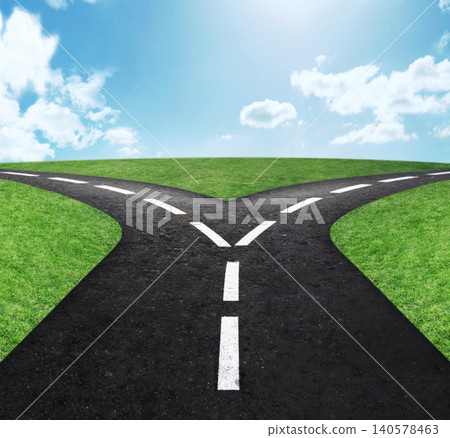 Crossroads, intersection and directions or choice journey or future decision with blue sky, grass or navigation. street, spilt and pathway or adventure options or dilemma or travel, location or guide 140578463