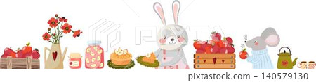 Horizontal autumn harvest seamless border with cute animals vector illustration 140579130