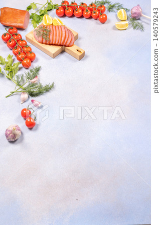 Sliced ham and fresh vegetables preparing food 140579243