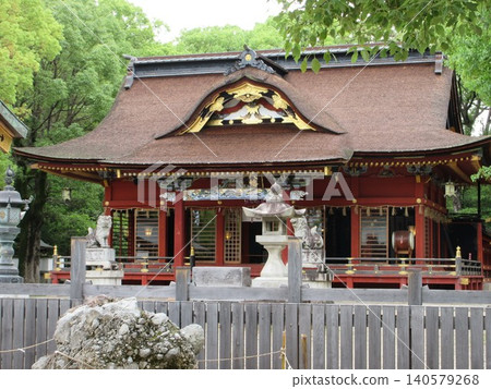 The guardian lion-dogs and main hall of Iga Hachimangu Shrine! Okazaki City, Aichi Prefecture The guardian lion-dogs and main hall of Iga Hachimangu Shrine! Okazaki City, Aichi Prefecture 140579268