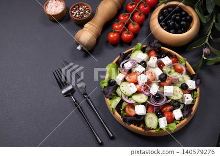 Fresh greek salad with feta cheese and vegetables Fresh greek salad with feta cheese and vegetables 140579276