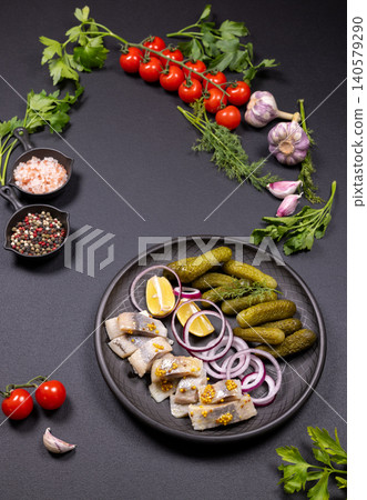 Marinated herring slices with gherkins, red onion, and lemon Marinated herring slices with gherkins, red onion, and lemon 140579290